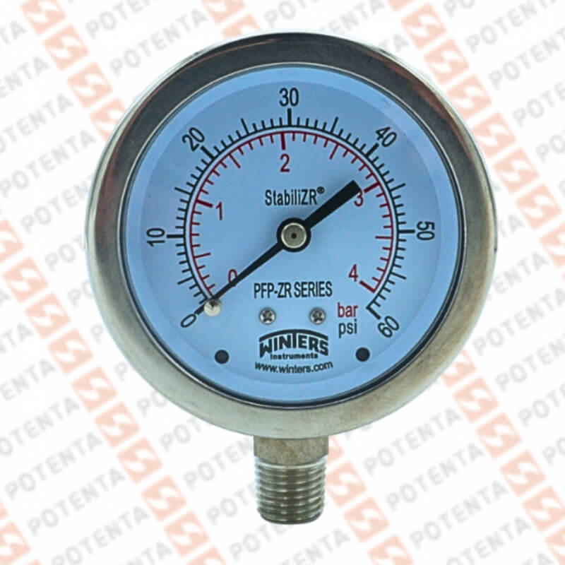 Manometro PFP, dial 2.5, ZR, 0-60psi/bar 1%, 1/4npt inf, ss/ss, ip66, Winters