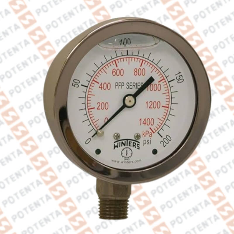 Manometro PFP, dial 2.5, ZR, 0-200psi/bar 1%, 1/4npt inf, ss/ss, ip66, Winters