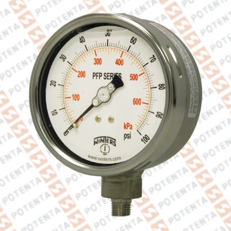 Manometro PFP, dial 2.5, ZR, 0-100psi/bar 1%, 1/4npt inf, ss/ss, ip66, Winters