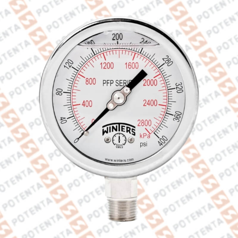 Manometro PFP, dial 2.5, ZR, 0-400psi/bar 1%, 1/4npt inf, ss/ss, ip66, Winters