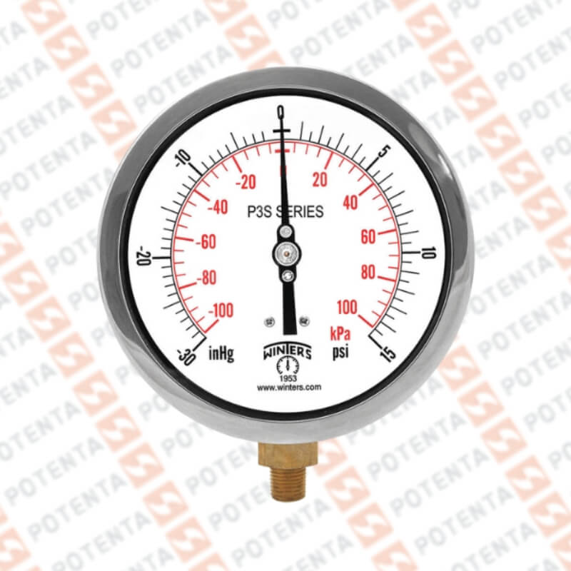 Manovacuometro PFP, dial 2.5 ZR, -30inhg…0….15psi/bar 1.5%, 1/4npt inf, ss, ip66 Winters