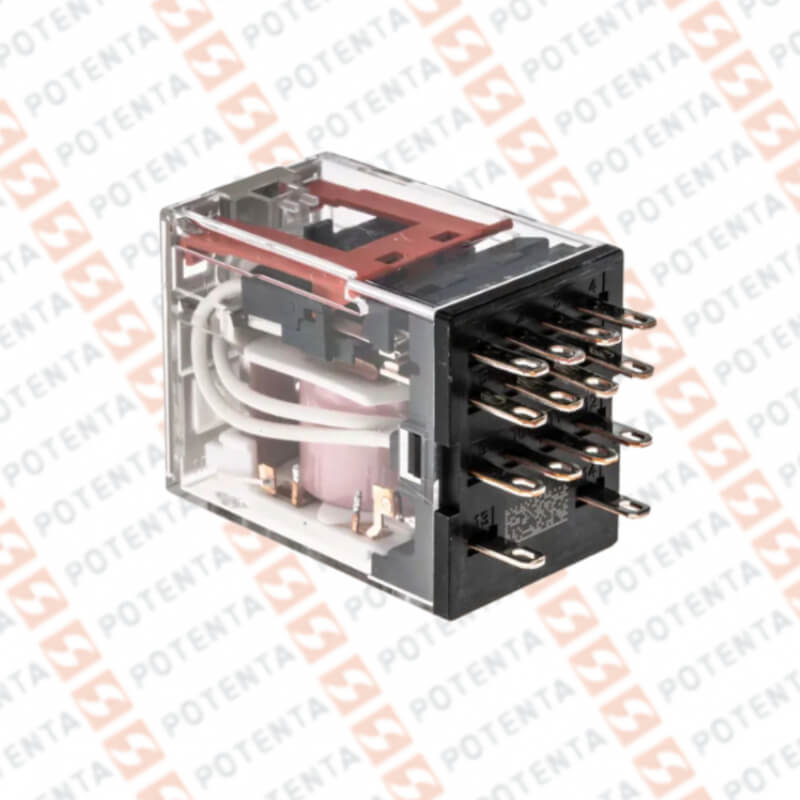 Rele electromecanico MY4, 220Vac, 14p-planos-4pdt-3a, led indicador, con bloqueo, Omron