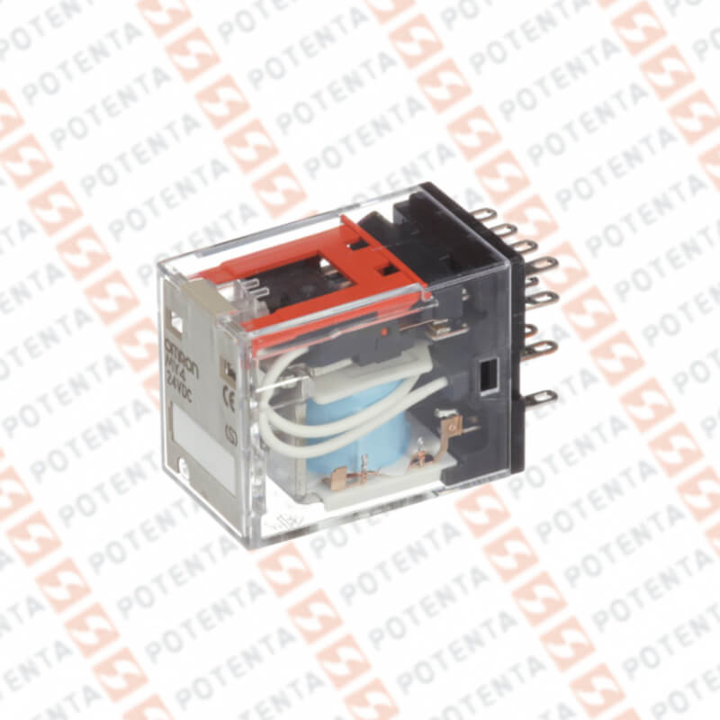 Rele electromecanico MY4, 24vdc, 14p-planos-4pdt-3a, led indicador, con/bloqueo, Omron