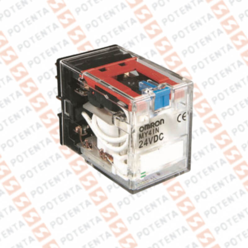 Rele electromecanico MY4, 24Vac, 14p-planos-4pdt-3a, led indicador, con bloqueo, Omron