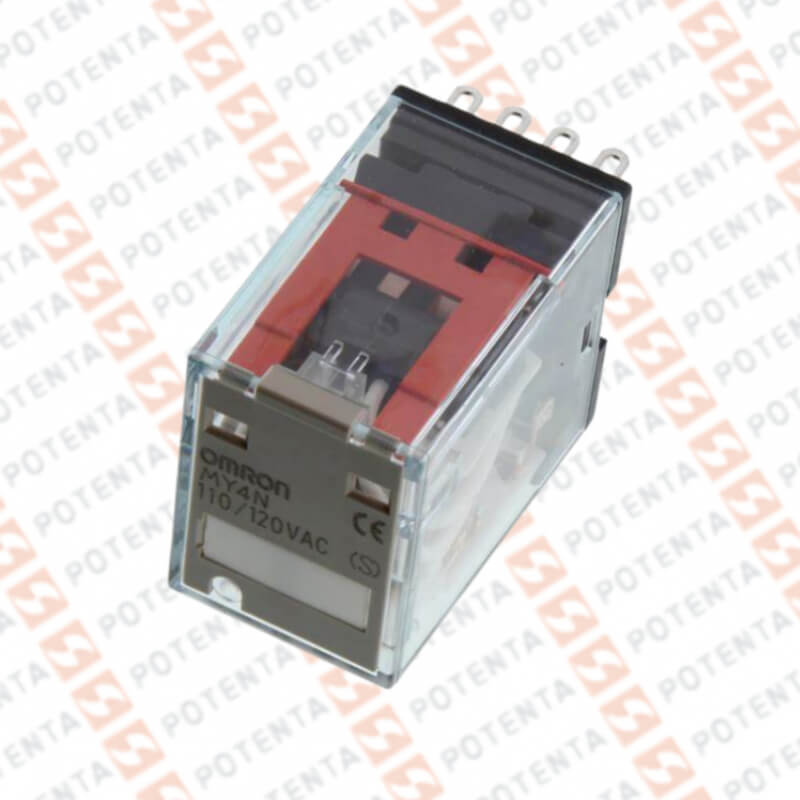 Rele electromecanico MY4, 110Vac, 14p-planos-4pdt-3a, led indicador, sin bloqueo, Omron