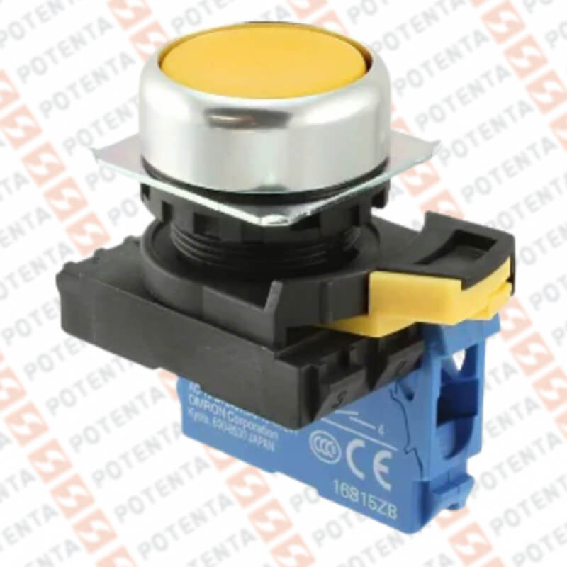 Pulsador A22N, metálico completo amarillo con retorno 22mm no, Omron