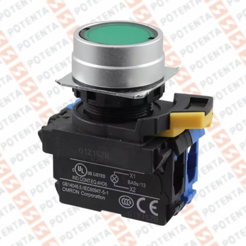 Pulsador A22N, metálico completo led verde 24dc ret 22mm no+nc, Omron
