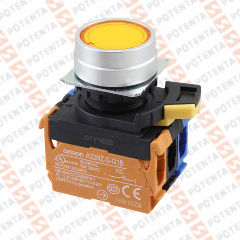 Pulsador A22N, metálico completo led amar 24dc reto 22mm no+nc, Omron