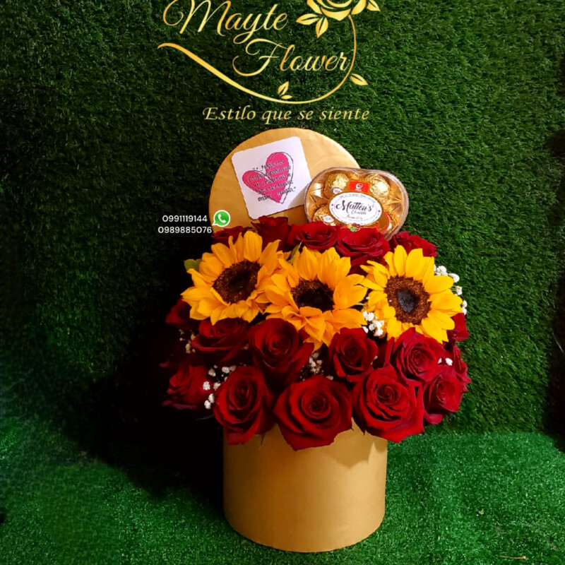 Box de Girasoles, Rosas y caja de Chocolate Pequeña