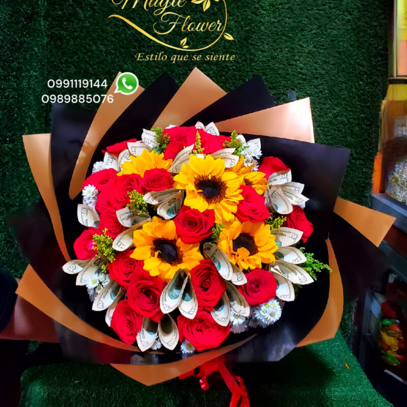 Buchon con 30 Rosas, Girasoles, con Billetes de $10