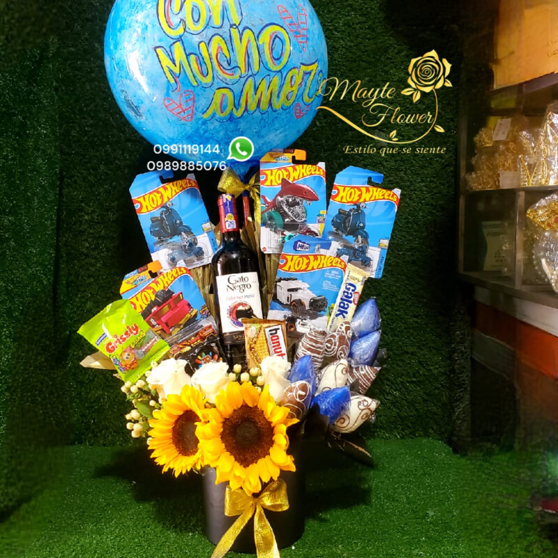 Box Con Girasoles, Fresas y vino