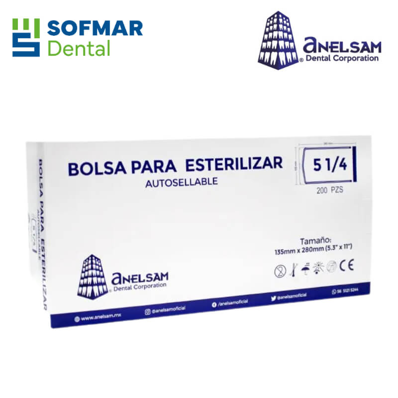 Bolsa para Esterilizar Anelsam 5¼ x 11 Autoadherible – Paquete con 200 | Seguridad y Control Visual | Depósito Dental Sofmar