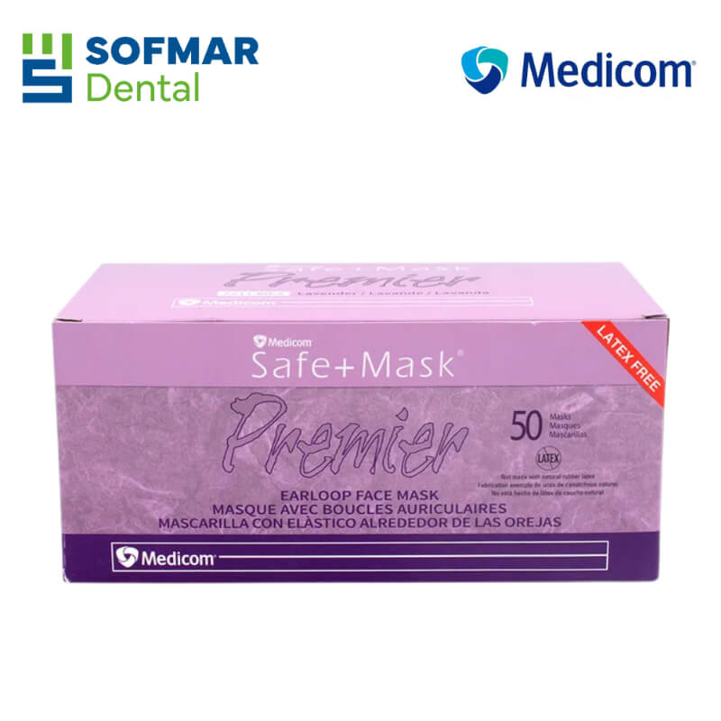 Cubrebocas Lila Safe+Mask Premier con Elástico | Caja con 50 Piezas – Libre de Látex | Depósito Dental Sofmar