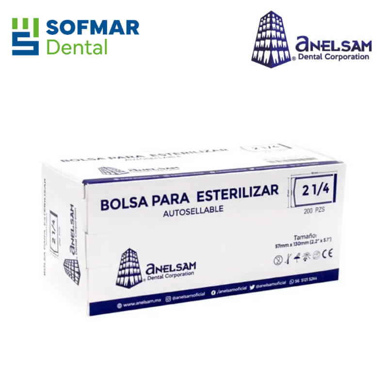 Bolsa para Esterilizar Autoadhesiva 2 ¼ x 5 (57x130mm) Anelsam | Caja con 200 Piezas | Depósito Dental Sofmar