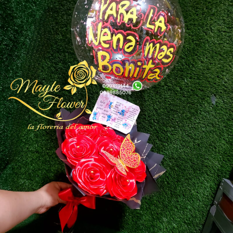 Buchon Con Rosas y Globo Personalizado