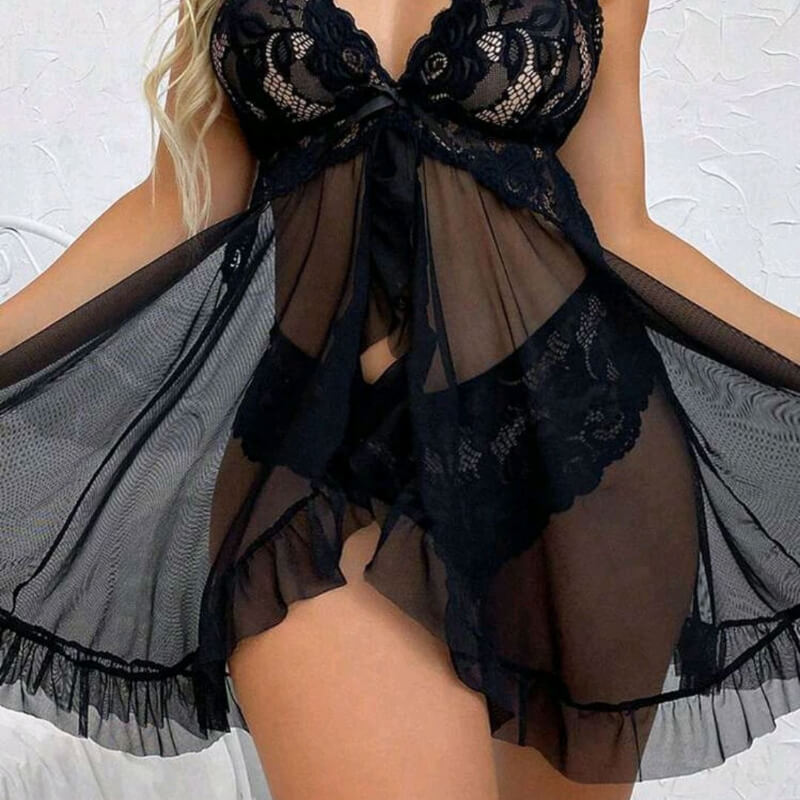Babydoll Kendall con abertura y con panty de randa y tul strech para mujer sizepluz
