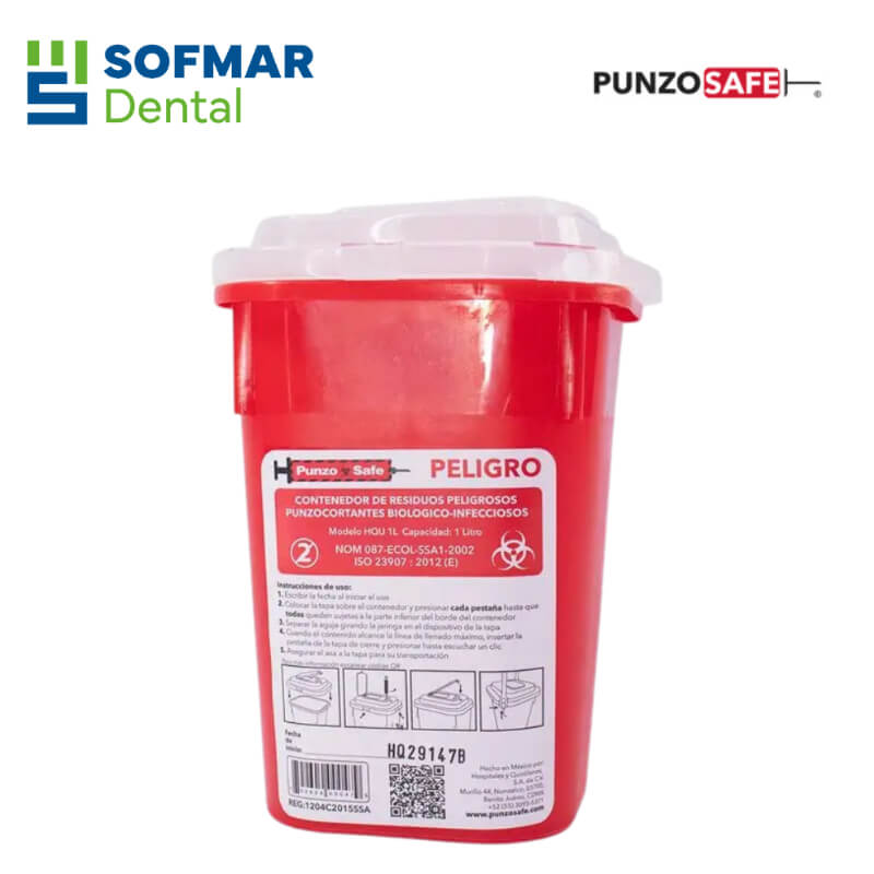 Contenedor para Residuos Punzocortantes 1 Litro | Con Tapa de Seguridad y Separador de Agujas | PUNZOSAFE | Depósito Dental Sofmar
