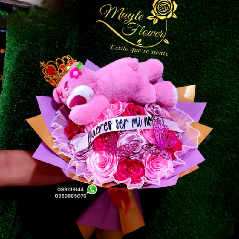 Buchon con 20 Rosas Eternas y Peluche Lotso