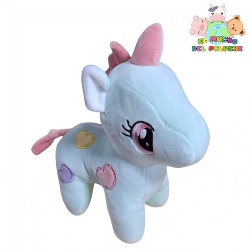 Unicornio de Peluche | Corazones Pastel Bordados | 23x8 cm | El Mundo del Peluche