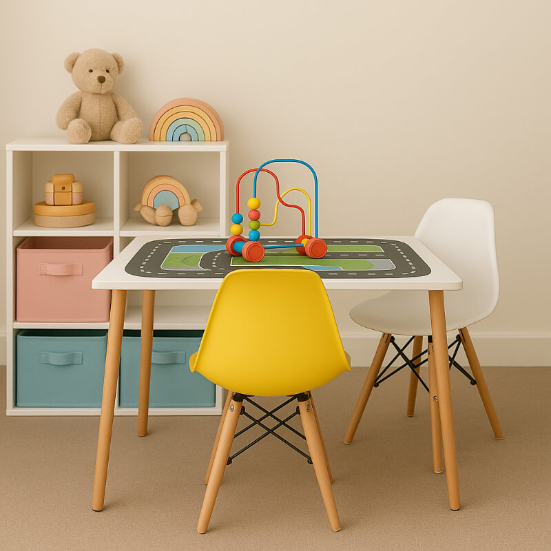 Mesa cuadrada con sillas y diseño en el tablero