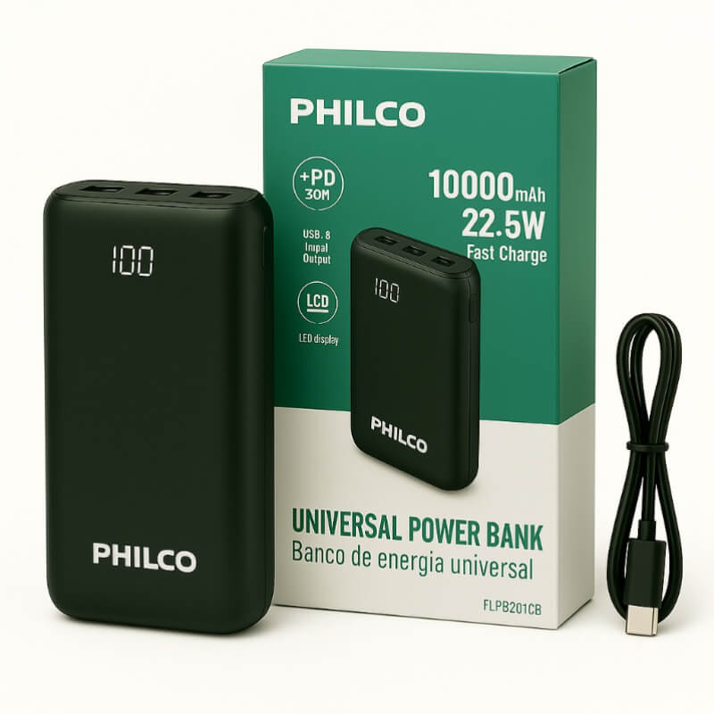 Power Bank PHILCO 10000mAh 22.5W Carga Rápida Universal - Modelo FLPB201CB