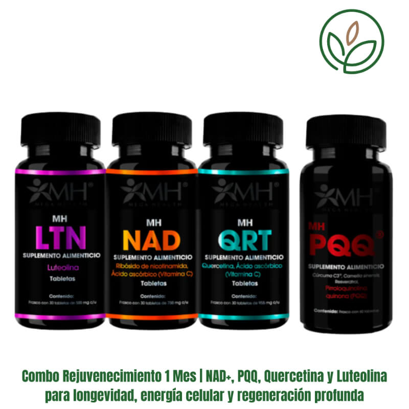 Combo Rejuvenecimiento 1 Mes | NAD+, PQQ, Quercetina y Luteolina para longevidad, energía celular y regeneración profunda