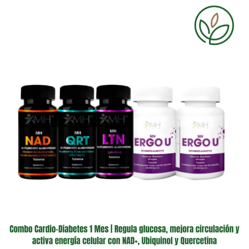 Combo Cardio-Diabetes 1 Mes | Regula glucosa, mejora circulación y activa energía celular con NAD+, Ubiquinol y Quercetina
