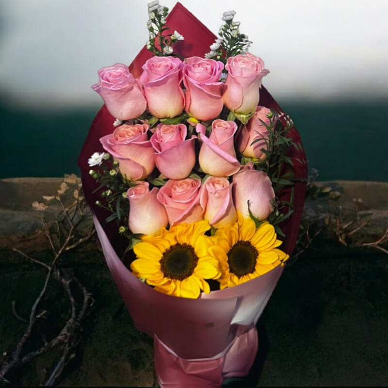 Ramo Amanecer de Rosas Rosadas y Girasoles en Ibarra