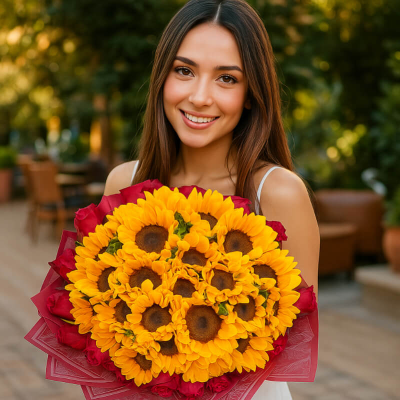 Ramo Rayo de Sol y Pasión: Girasoles y Rosas Rojas en Ibarra
