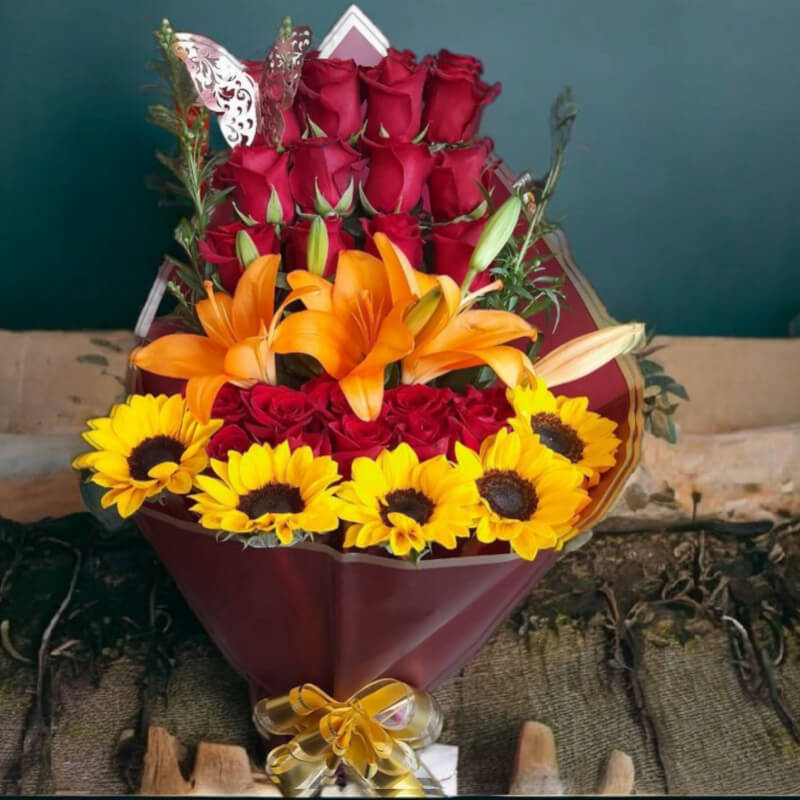 Ramo Fuego del Sol: Rosas, Lirios y Girasoles en Ibarra