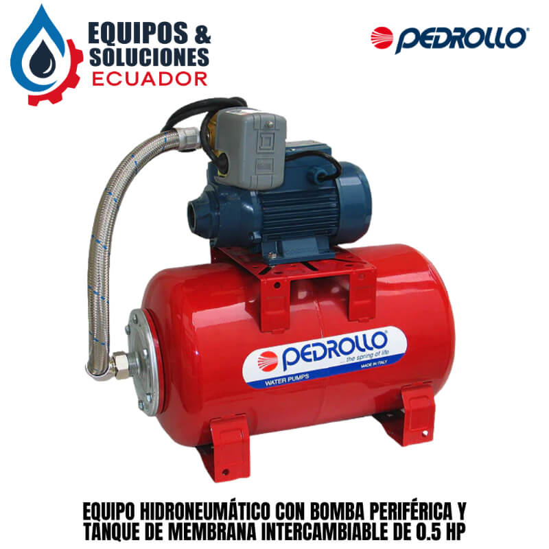 Equipo Hidroneumático con Bomba Periférica y Tanque de Membrana intercambiable de 0.5 Hp, Pedrollo