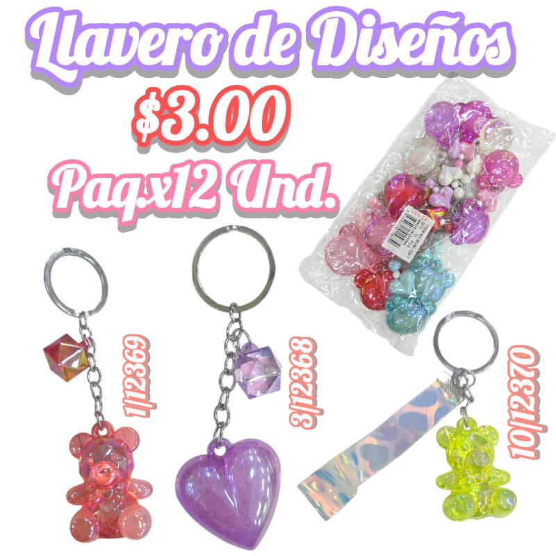 LLAVEROS DE DISEÑOS PQT X 12 UND