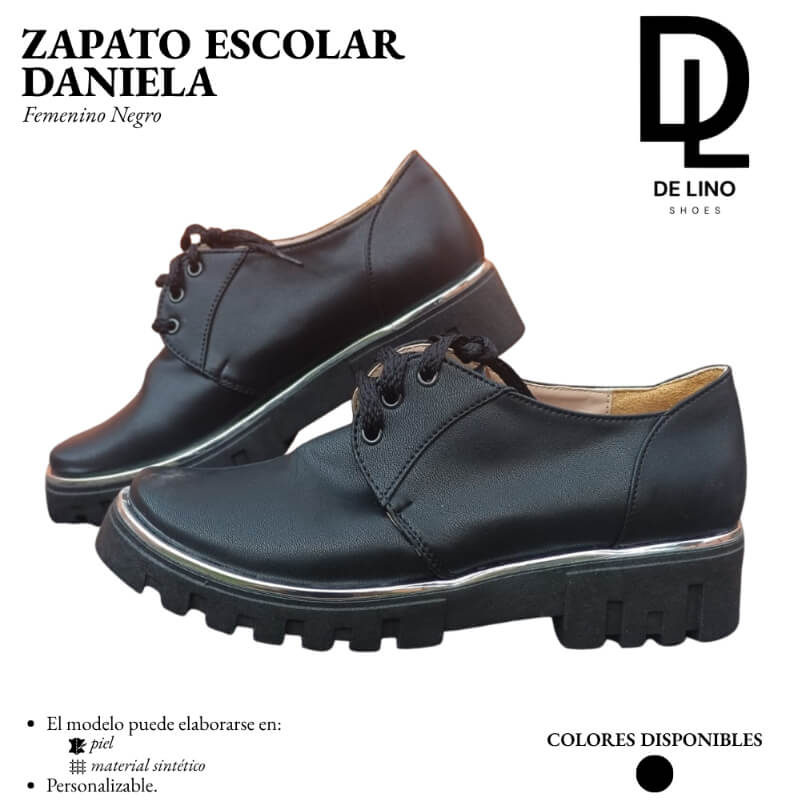 Zapato Escolar para Niña Daniela | Piel Negra con Suela Traktor | Tallas 2 al 6 | Hecho Artesanalmente en México
