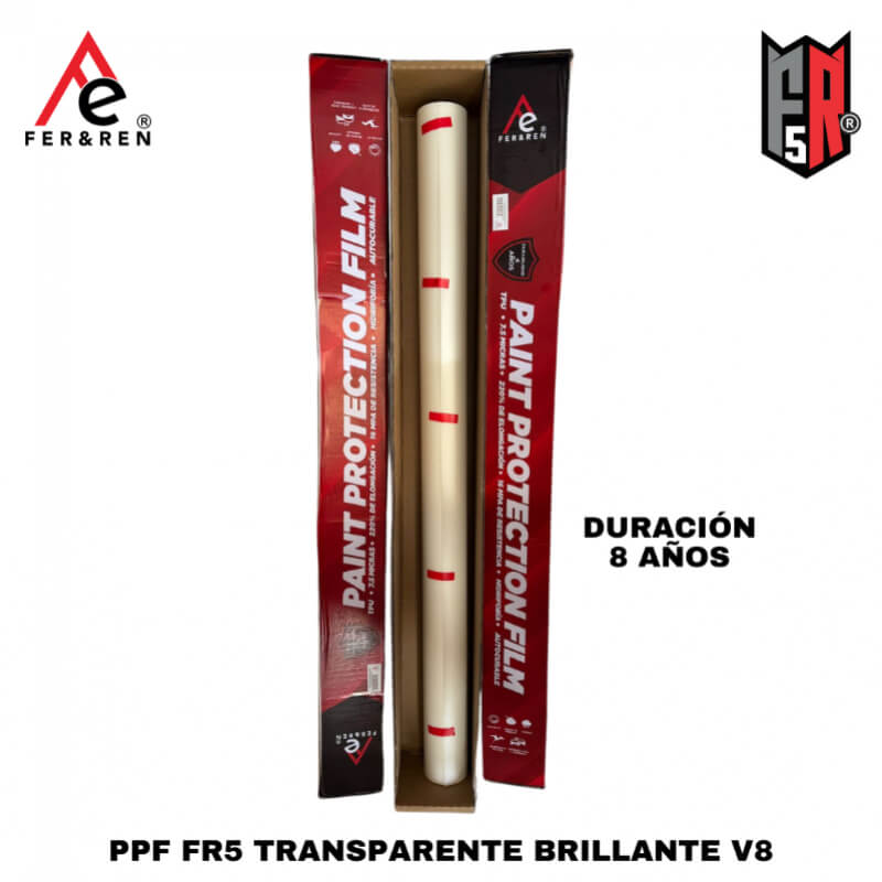 PPF FR5 Transparente Brillante V8 Rollo 15 m | Gloss premium, TPU 8.1 mil, duración 8 años | Distribuidora FerRen