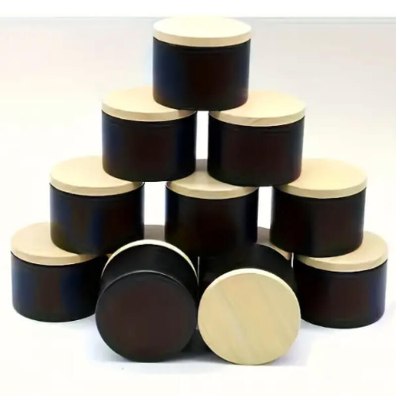 Envase Velas Metálico Negro Tapa Madera