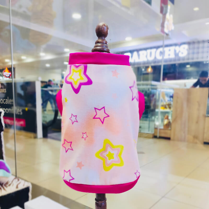 CAMISETA DE ESTRELLAS CON FILOS FUCSIA PARA PERRITOS Y GATITOS TALLAS XS/S
