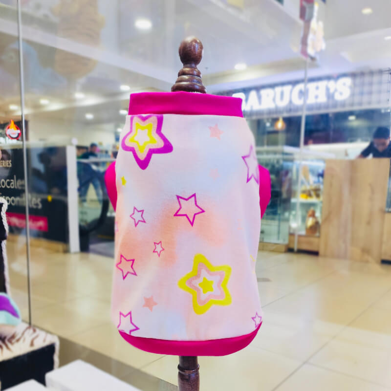 CAMISETA DE ESTRELLAS CON FILOS FUCSIA PARA PERRITOS Y GATITOS TALLAS M/L