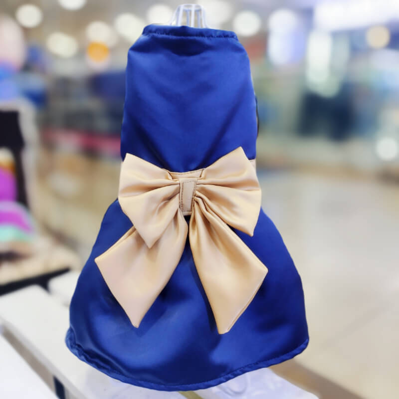 VESTIDO PODESUA AZUL MARINO CON LAZO DORADO PARA PERRITAS Y GATITAS TALLAS M/L