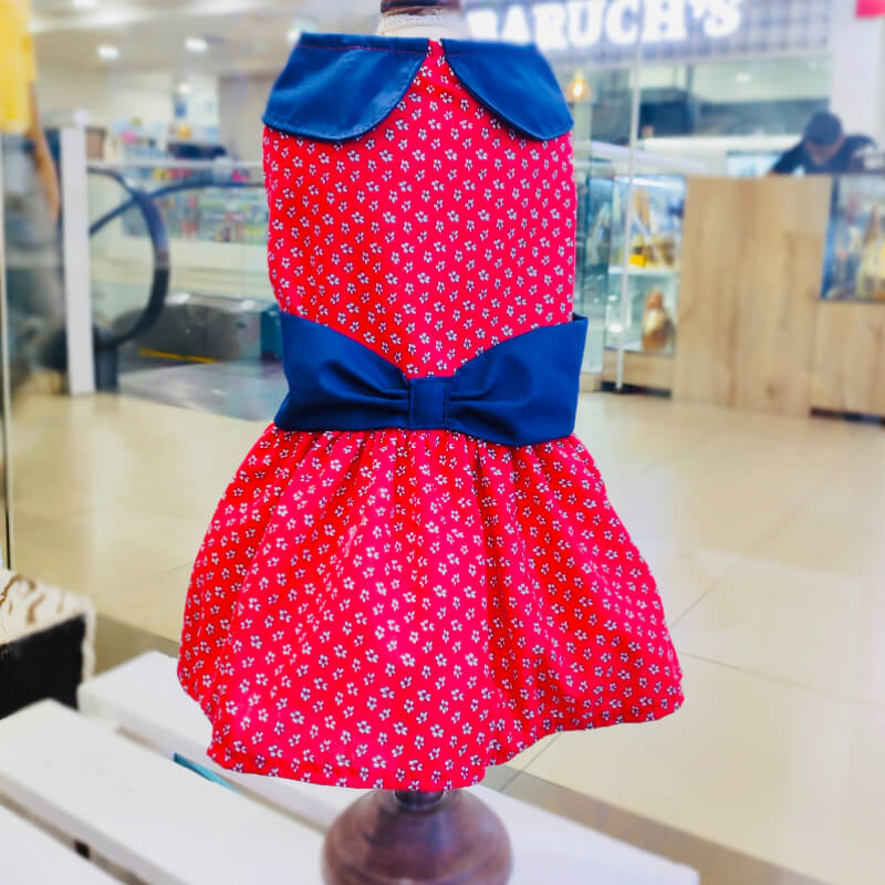 VESTIDO ROJO FLOREADO CON FAJIN AZUL MARINO TIPO LAZO TALLAS XXXS/XXS