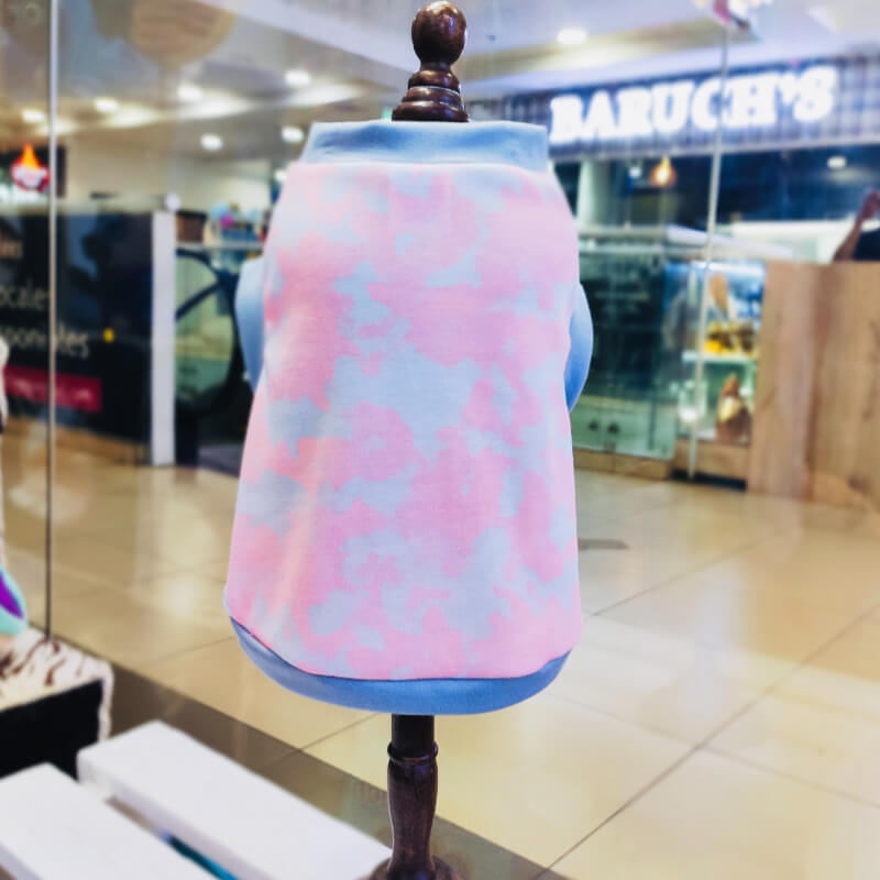 CAMISETA JERSEY ALGODON TIE-DYE ROSADO CON FILOS GRISES PARA PERRITOS Y GATITOS TALLAS XXXS/XXS