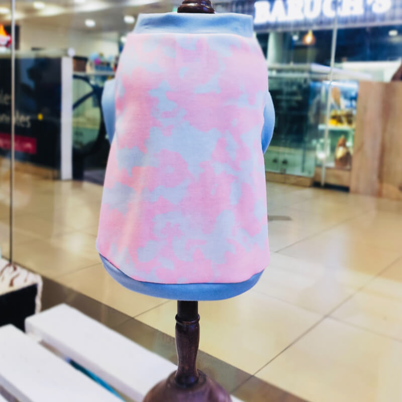 CAMISETA JERSEY ALGODON TIE-DYE ROSADO CON FILOS GRISES PARA PERRITOS Y GATITOS TALLAS XS/S