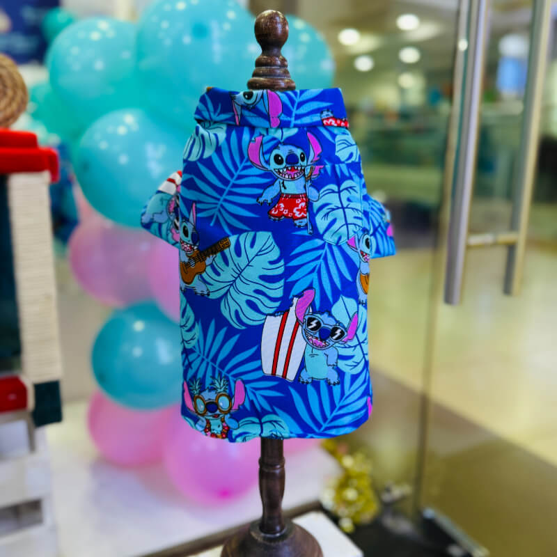 CAMISA DE STITCH AZUL CON HOJAS TURQUESAS PARA PERRITOS Y GATITOS TALLAS XS/S
