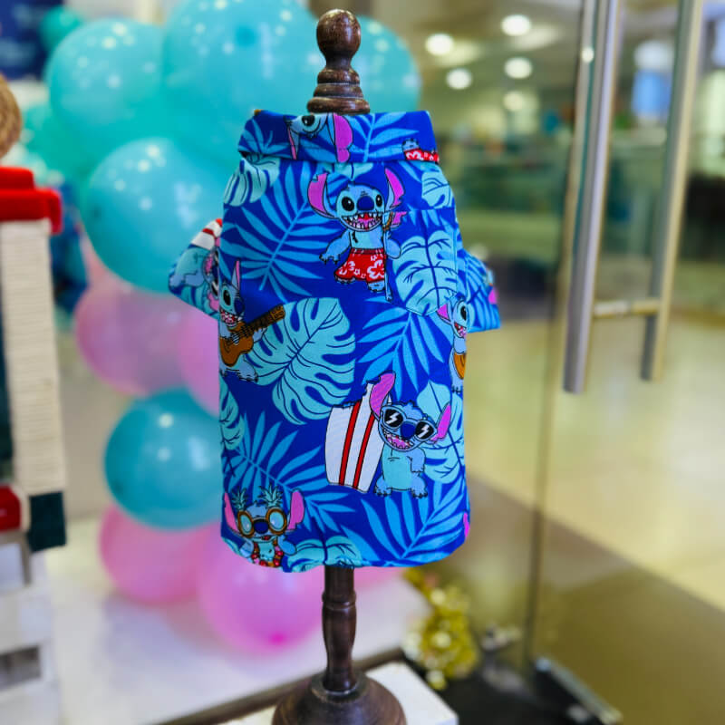 CAMISA DE STITCH AZUL CON HOJAS TURQUESAS PARA PERRITOS Y GATITOS TALLAS M/L