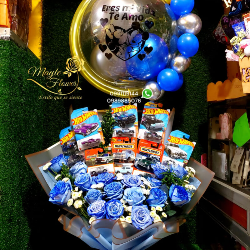 Buchon Con Rosas Azules y Autos Hot Wheels