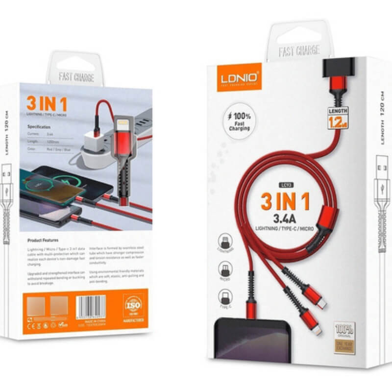 CABLE LDNIO LC93 3 EN 1 3.4A ( V8 - IPH - TIPO C )
