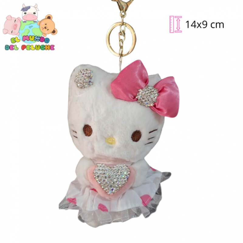 Llavero de Peluche Hello Kitty con Diamantes, Corazón, Vestido y Moño | Edición Brillante | 14x9 cm | El Mundo del Peluche