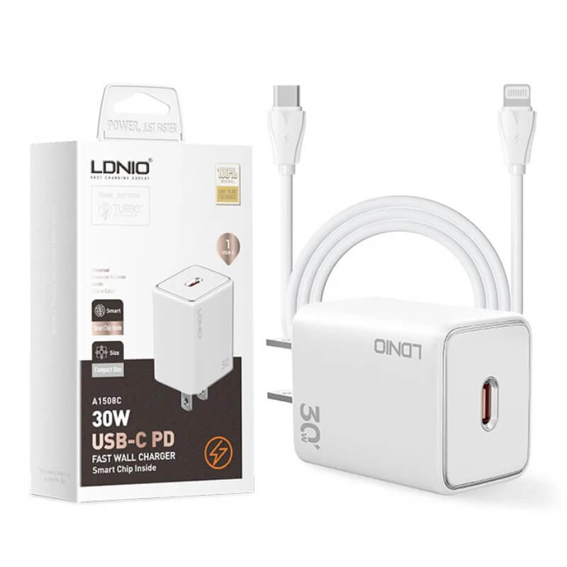 Cargador LDNIO A1508C 30W PD + Cable Tipo C - Lightning Carga Rápida