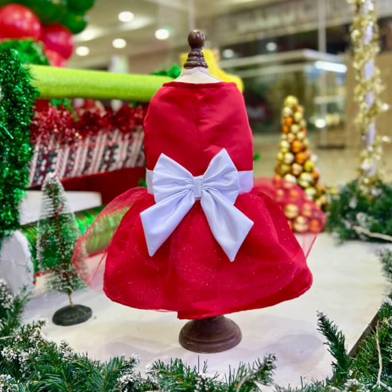 VESTIDO PODESUA ROJO CON TUTÚ Y MAXI LAZO BLANCO PARA PERRITAS Y GATITAS TALLA XXXS/XXS