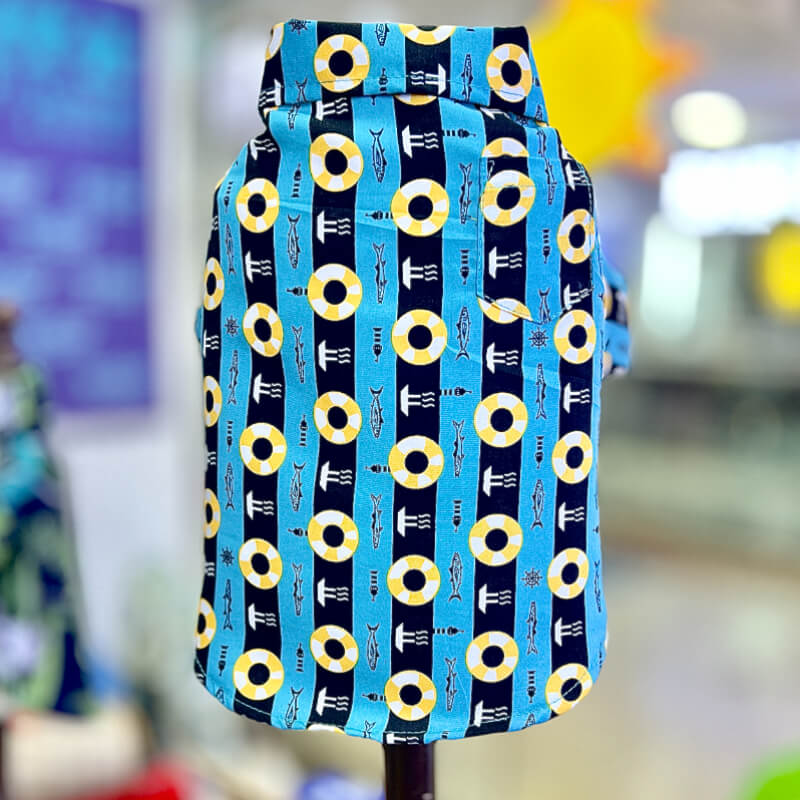 CAMISA TURQUESA CON LINEAS NEGRAS DE BOYAS AMARILLAS PARA GATITOS Y PERRITOS TALLA XS/S