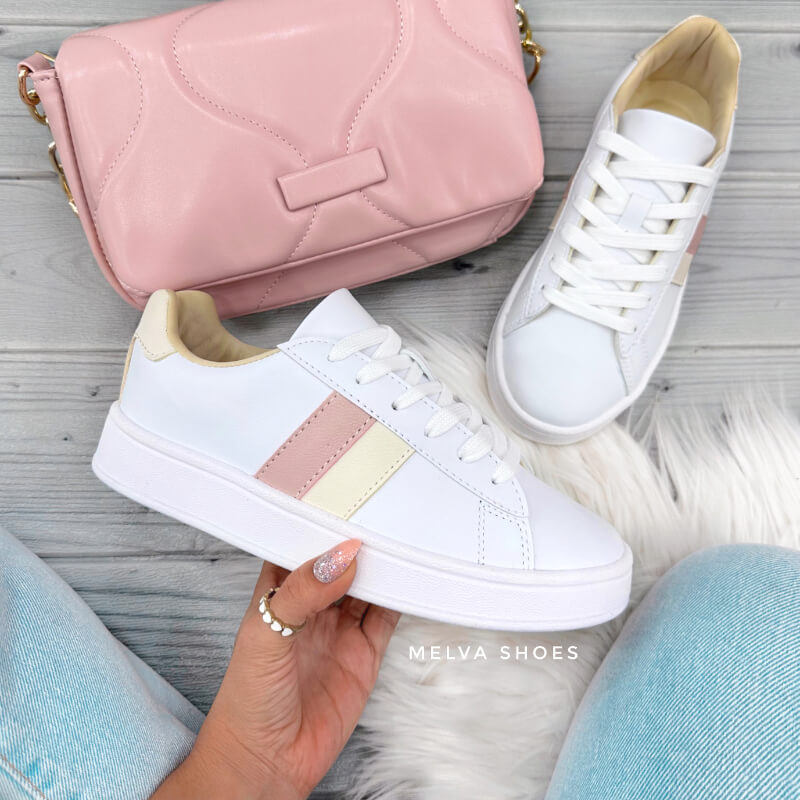 Sneaker Suela Baja con Detalles Vainilla y Rosado – Estilo y Comodidad
